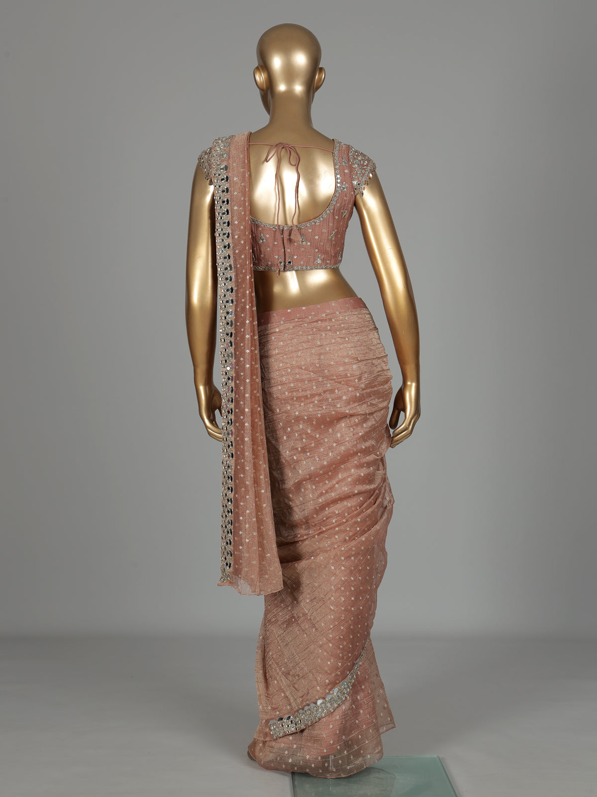 Peach tissue chiffon silk ready to wear saree with zari embellishments