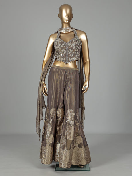 Pastel dusty brown silk salwar suit with diamond embellishments