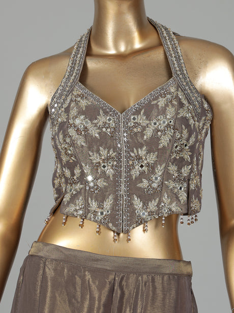 Pastel dusty brown silk salwar suit with diamond embellishments