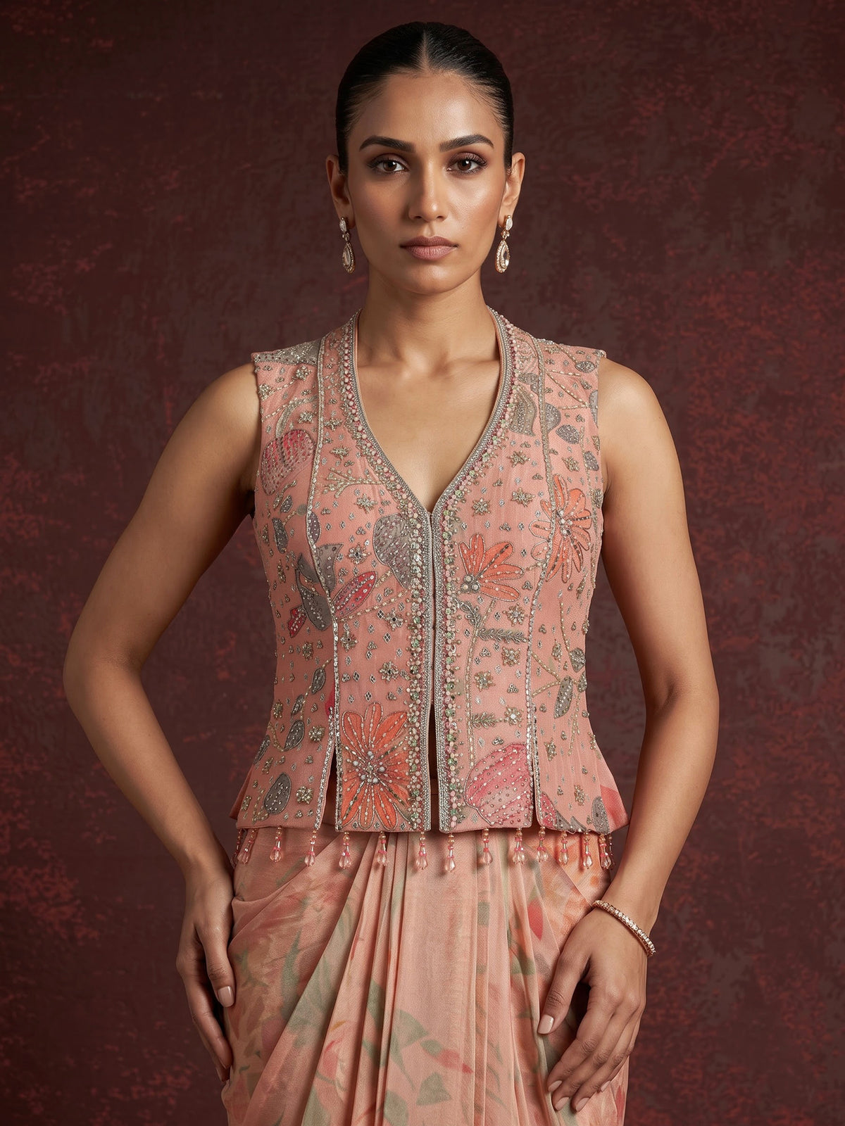 Peach tissue silk indowestern suit with floral embellishments