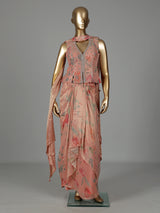 Peach tissue silk indowestern suit with floral embellishments