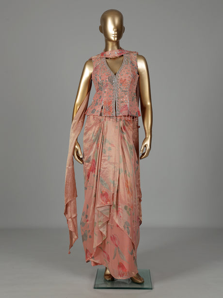Peach tissue silk indowestern suit with floral embellishments