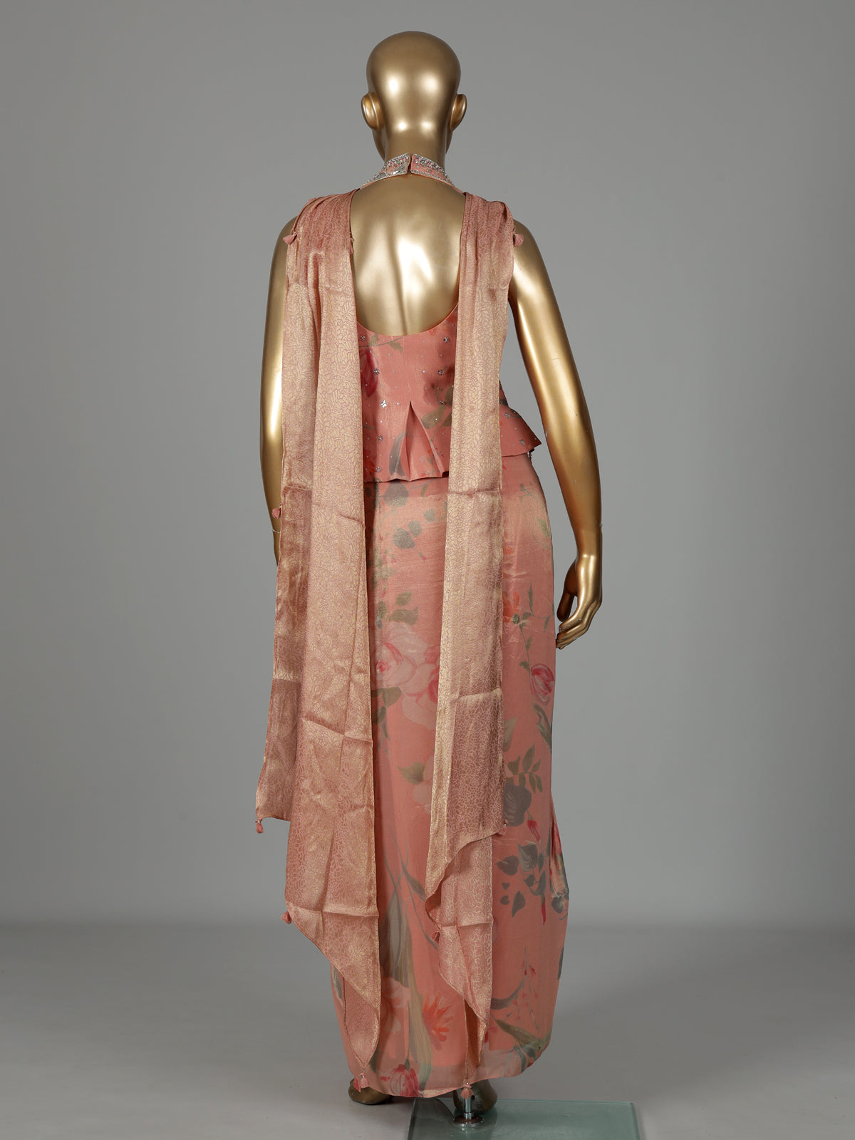 Peach tissue silk indowestern suit with floral embellishments