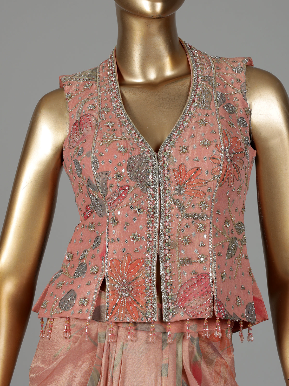 Peach tissue silk indowestern suit with floral embellishments