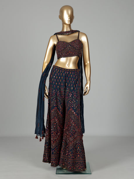 Navy blue georgette salwar suit with intricate zardosi embellishments