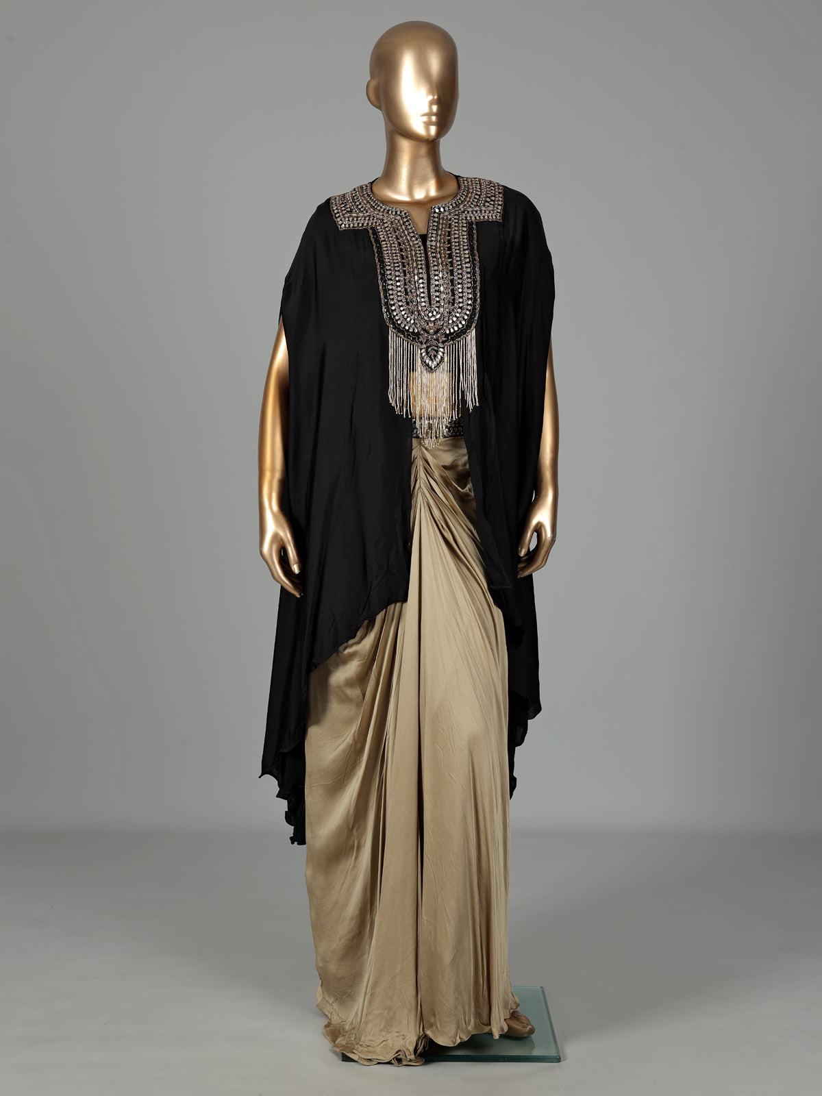 Black beige satin silk indowestern suit with zardosi embellishments
