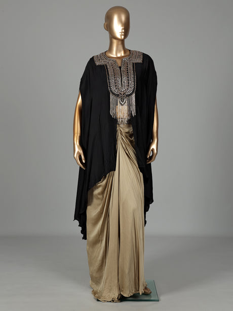 Black beige satin silk indowestern suit with zardosi embellishments