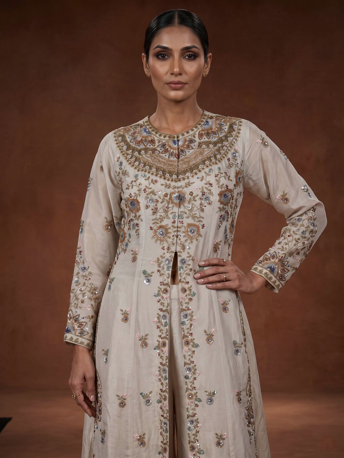 Off white tissue silk anarkali suit with pearl embellishments
