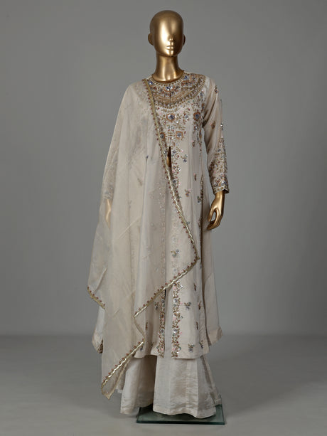 Off white tissue silk anarkali suit with pearl embellishments