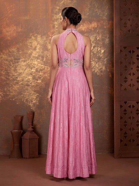 Pink silk anarkali suit with tassel and zardosi embellishments