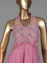 Pink silk anarkali suit with tassel and zardosi embellishments
