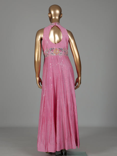 Pink silk anarkali suit with tassel and zardosi embellishments