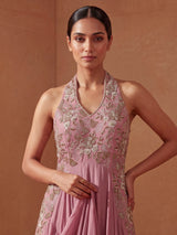 Pink silk anarkali suit with elegant zardosi embellishments