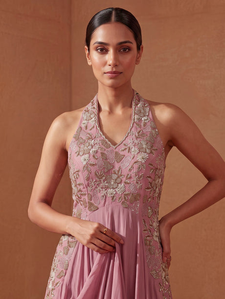 Pink silk anarkali suit with elegant zardosi embellishments