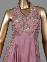 Pink silk anarkali suit with elegant zardosi embellishments