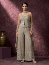 Beige georgette pakistani salwar suit with sparkling mirror embellishments