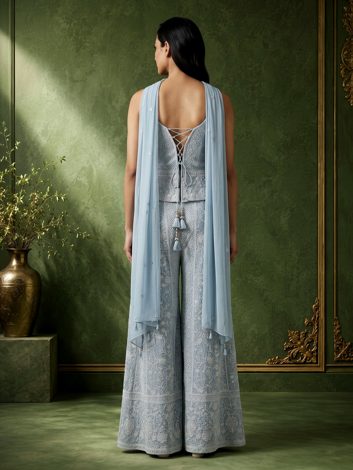 Mint blue georgette pakistani salwar suit with mirror embellishments