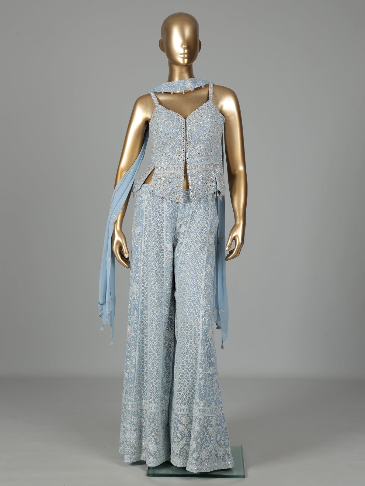 Mint blue georgette pakistani salwar suit with mirror embellishments