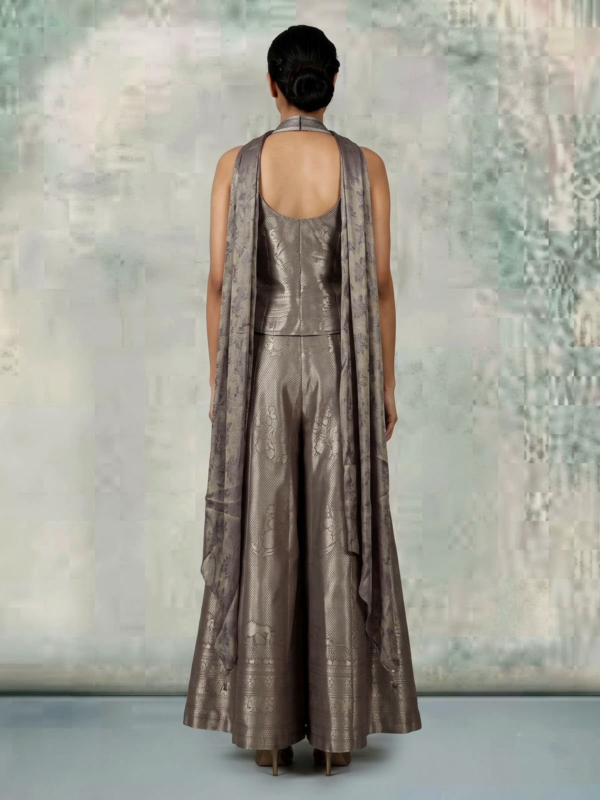 Pastel grey brocade silk salwar suit with zari embellishments