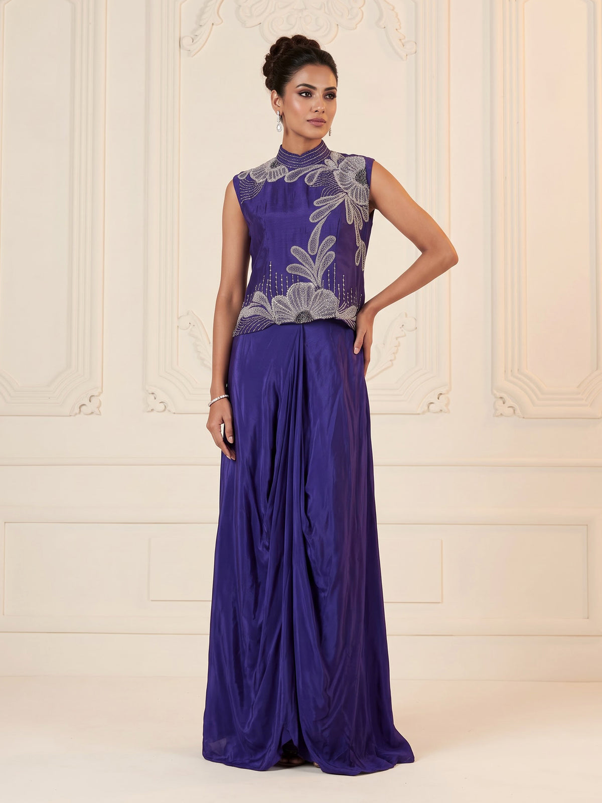 Blue satin crepe silk indowestern suit with bead embellishments