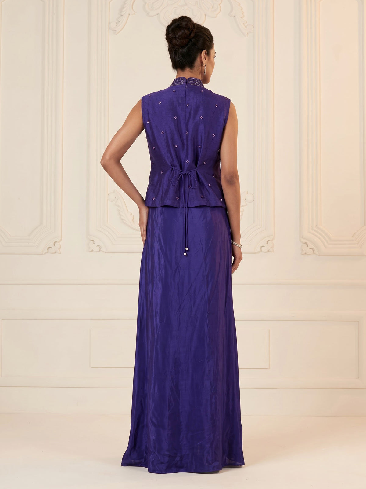 Blue satin crepe silk indowestern suit with bead embellishments