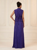 Blue satin crepe silk indowestern suit with bead embellishments