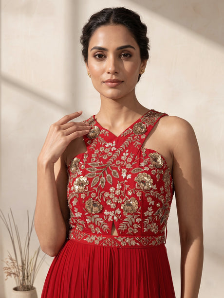 Red georgette anarkali suit with zardosi embellishments