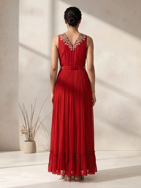 Red georgette anarkali suit with zardosi embellishments