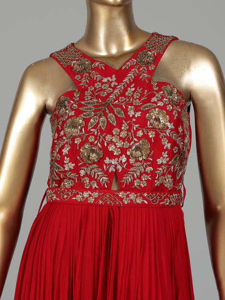 Red georgette anarkali suit with zardosi embellishments