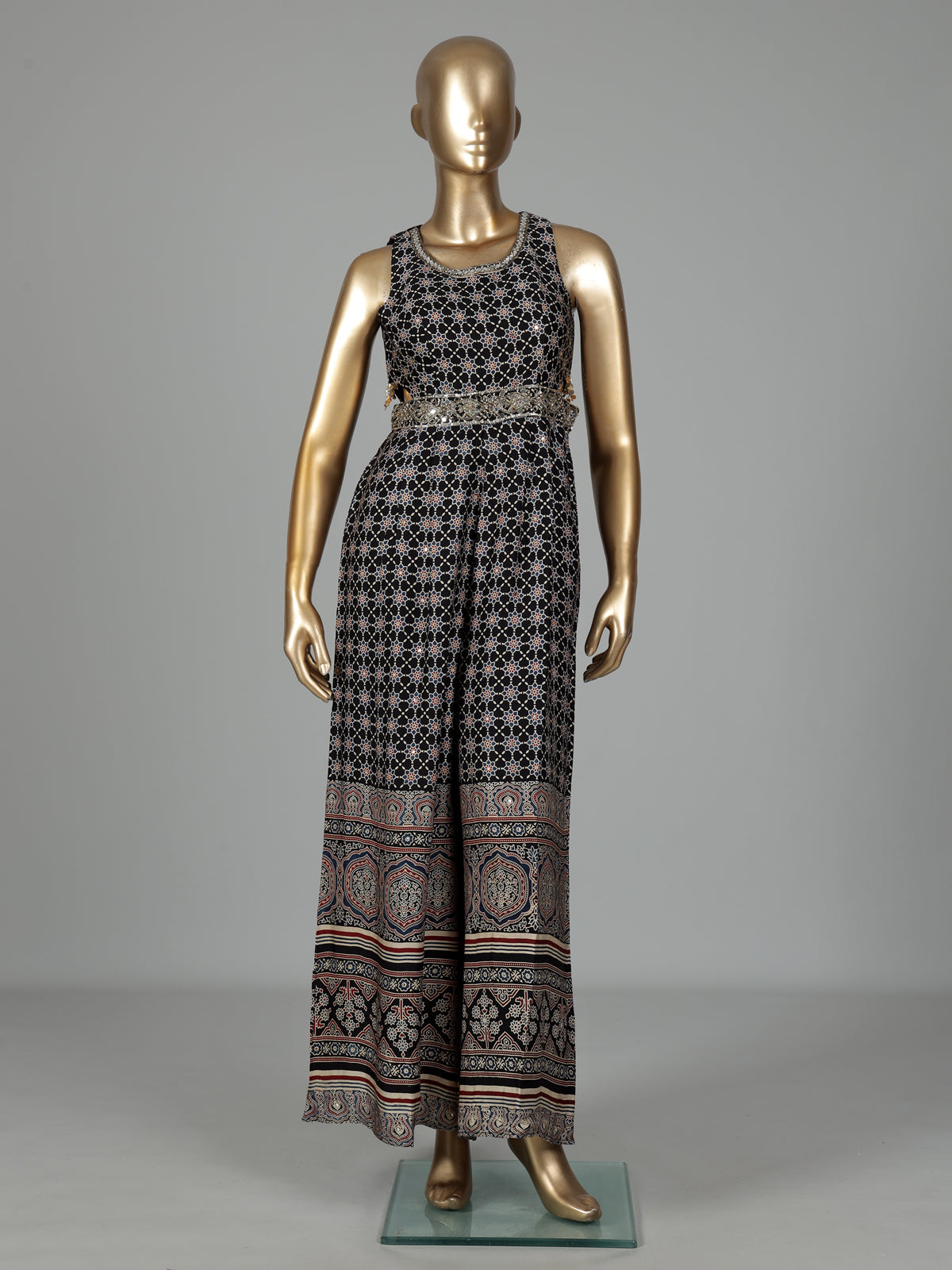Black cotton silk printed jumpsuit with zardosi embellishments