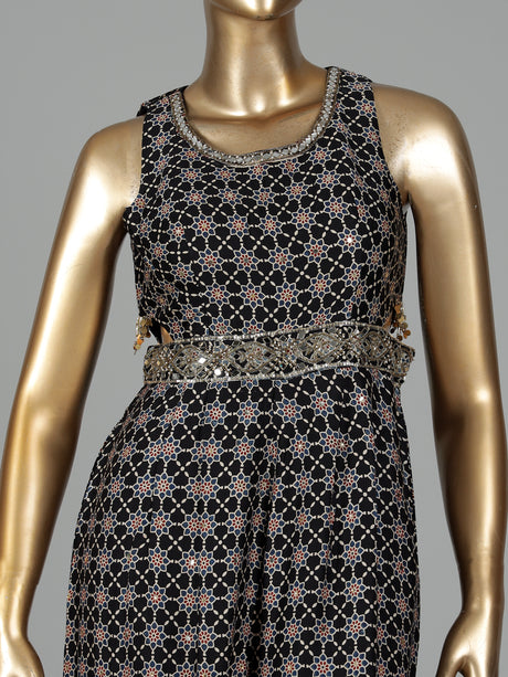 Black cotton silk printed jumpsuit with zardosi embellishments