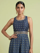 Blue cotton silk printed jumpsuit with mirror embellishments