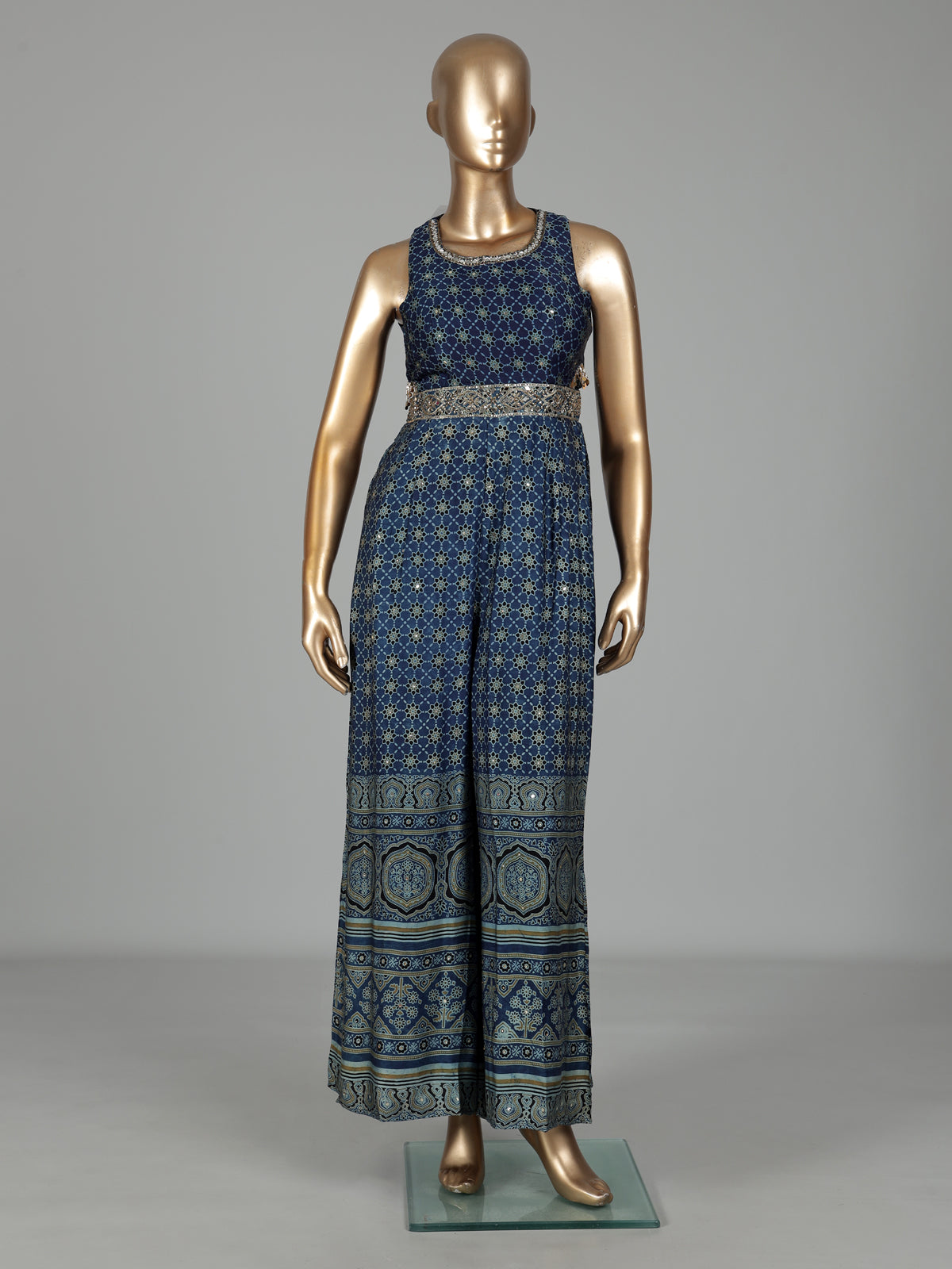 Blue cotton silk printed jumpsuit with mirror embellishments