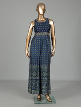 Blue cotton silk printed jumpsuit with mirror embellishments