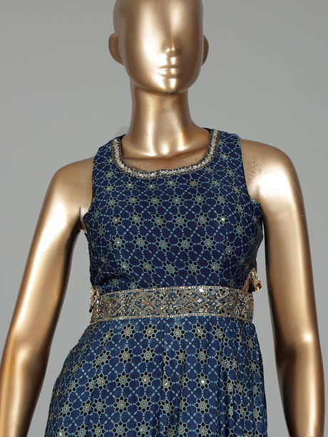 Blue cotton silk printed jumpsuit with mirror embellishments