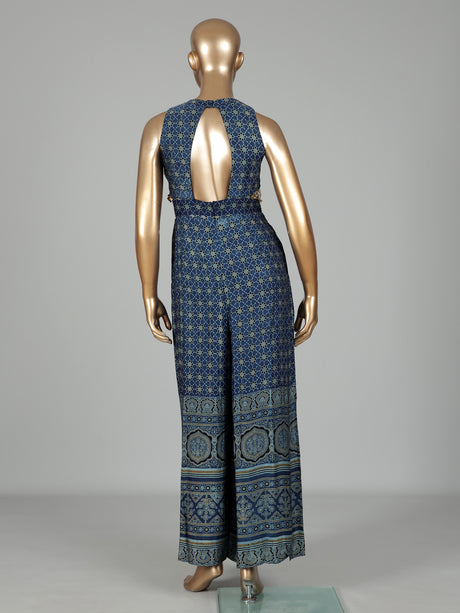 Blue cotton silk printed jumpsuit with mirror embellishments