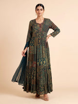Green silk printed anarkali suit with stone embellishments