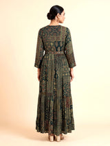 Green silk printed anarkali suit with stone embellishments