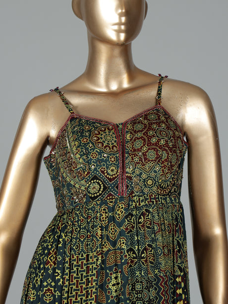 Green silk printed anarkali suit with stone embellishments
