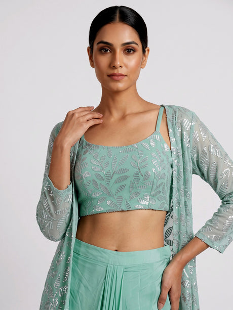 Mint green georgette indowestern suit with sequined jacket