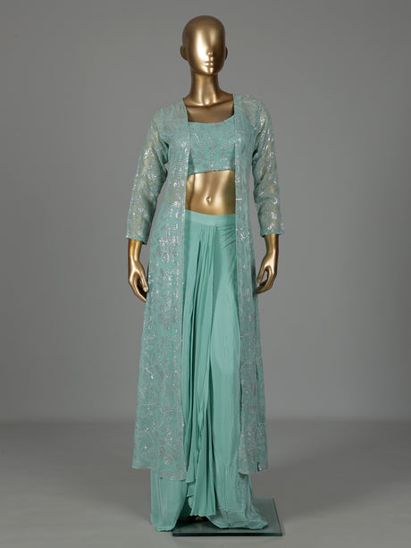 Mint green georgette indowestern suit with sequined jacket