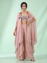 Mauve onion pink silk indowestern suit with embellished shrug