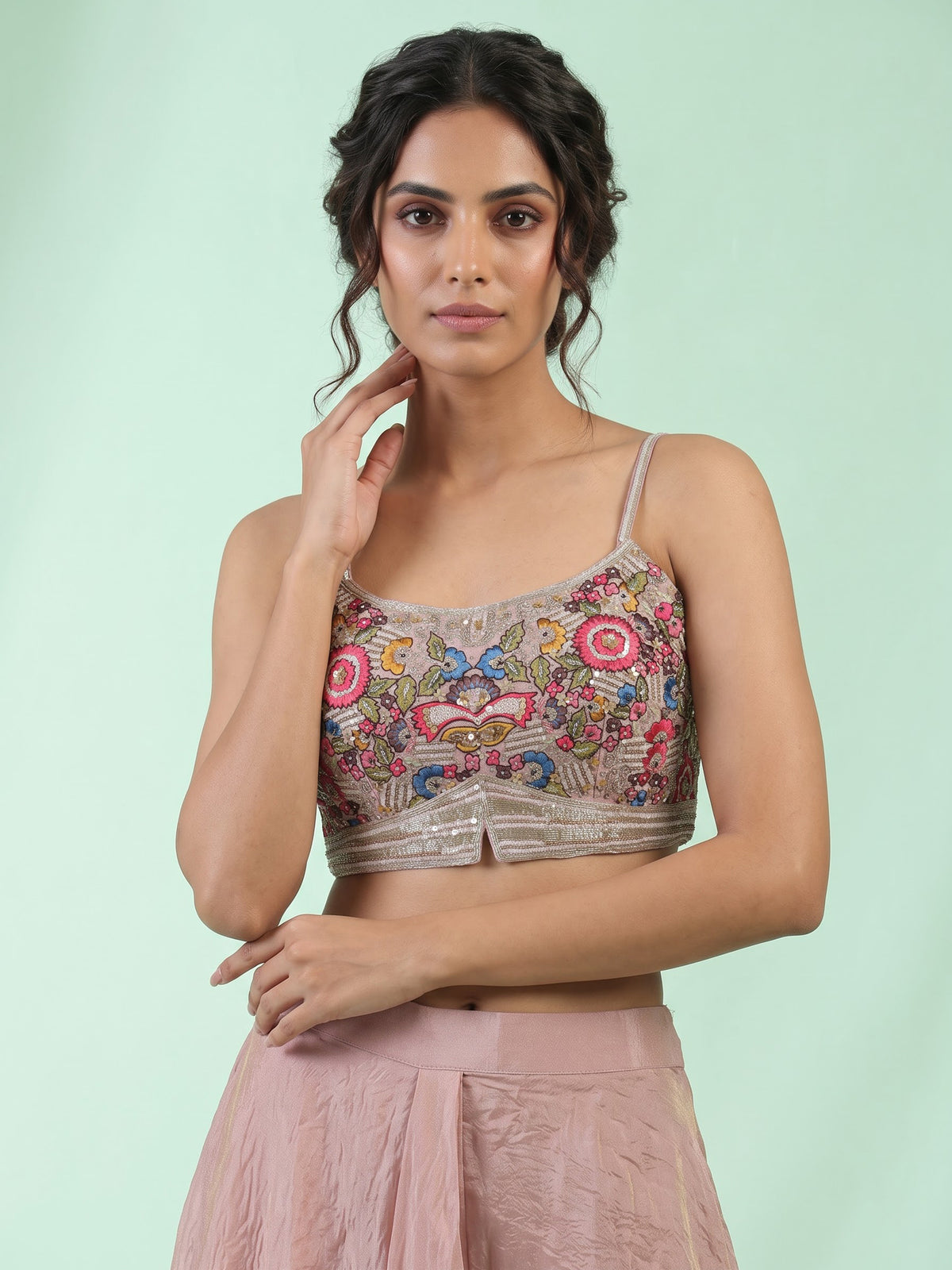 Mauve onion pink silk indowestern suit with embellished shrug
