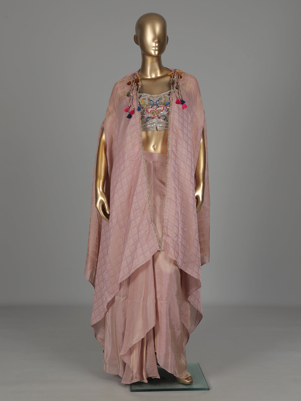 Mauve onion pink silk indowestern suit with embellished shrug