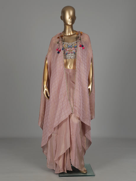 Mauve onion pink silk indowestern suit with embellished shrug