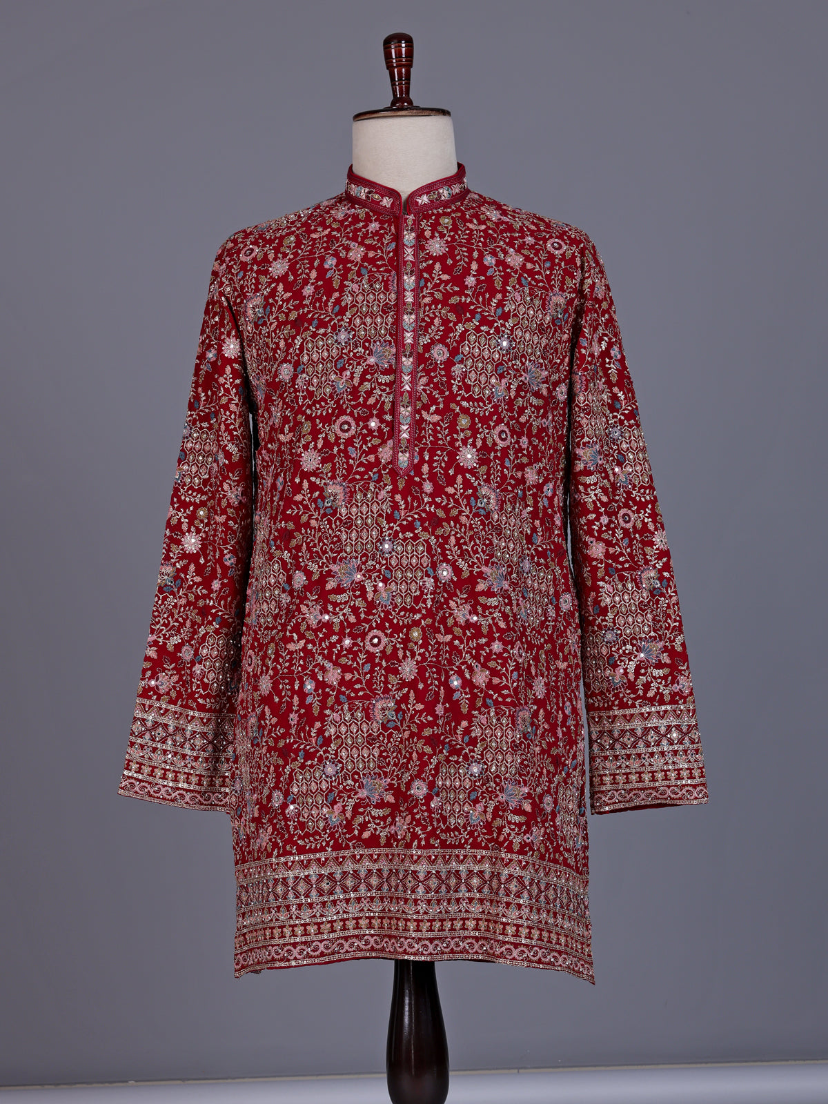 Red georgette mens kurta suit with mirror floral jaal