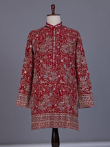 Red georgette mens kurta suit with mirror floral jaal