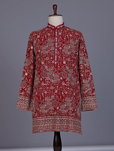 Red georgette mens kurta suit with mirror floral jaal