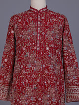 Red georgette mens kurta suit with mirror floral jaal