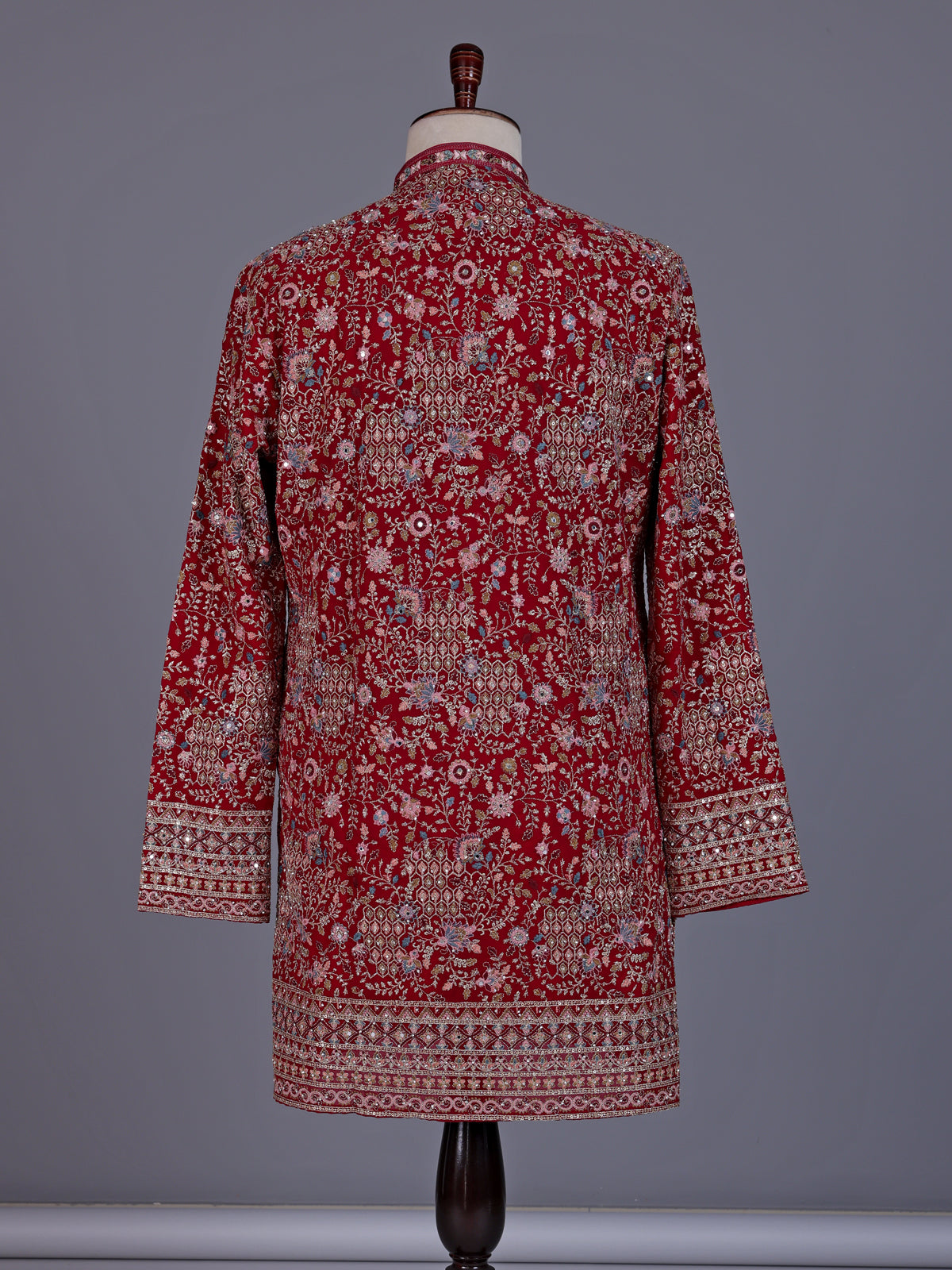 Red georgette mens kurta suit with mirror floral jaal